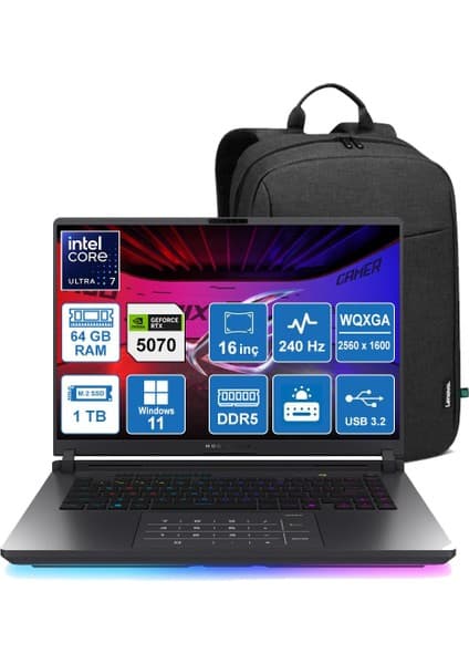 Asus Rog Strix G16 G615LR-S5216 Ultra 7-255HX/64GB/2TB/12GB RTX5070Tİ/Windows 11 Pro/16'' Wqxga 240HZ Taşınabilir Bilgisayar 90NR0LR1-M008X0 + Sırt Çantası
