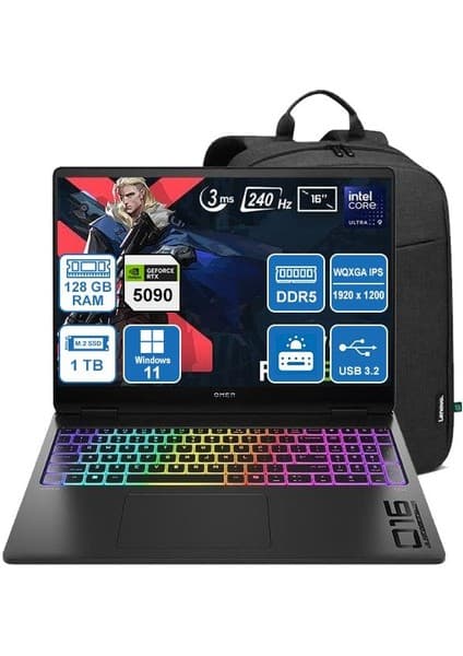 Hp Omen 16-AH0010NT B92QNEA 9-275HX/128GB/1TB/RTX5090 16GB/Windows 11 Pro/ 16'' 2k (1920 x 1200) Taşınabilir Bilgisayar + Sırt Çantası