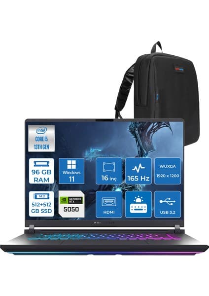Asus Rog Strix G16 G615JH-RV053 Intel Core I5-13450HX 96GB 512GB SSD+512GB SSD 8GB/RTX5050 Gddr7 115W 16\