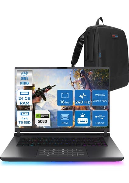 Asus Rog Strix G16 G615JMR-S5049 Intel® Core™ I7 14650HX 24GB 4tb Ssd+4tb SSD 8GB/RTX5060 Gddr7 115W 16 Inç 2,5k (2560 x 1600, Wqxga) 240Hz 3ms  Freedos Gaming Laptop WS5049F08+ZETTAÇANTA