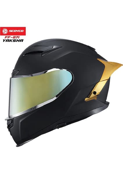 Scoyco FF-871 Yaksha Mat Siyah-Gold Güneş Vizörlü Kapalı Kask (Gold Camlı)