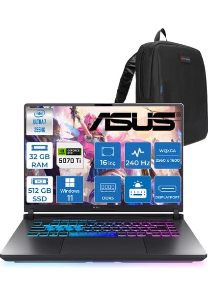 Asus Rog Strix G16 G615LR  Intel Ultra 7 255HX Aı 32GB GB 512GB SSD 12GB/RTX5070Tİ Gddr7 140W 16\