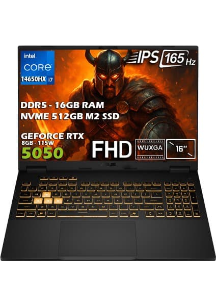 ASUS TUF Gaming F16 FX608JHR-RV048-GAMING Intel Core i7 14650HX 16GB  512GB SSD RTX5050 8GB 115W 16'' FHD 165Hz IPS Panel Freedos Taşınabilir Bilgisayar