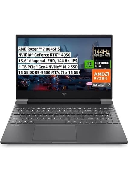 Hp Victus Gaming Dizüstü Bilgisayar, 15,6 Inç Fhd IPS 144 Hz, Amd Ryzen™ 7 8845HS 5,1 Ghz Işlemci, 16 GB DDR5-5600, 1 Tb Pcıe® Nvme™ M.2 Ssd, Nvıdıa® Geforce Rtx™ 4050 6 GB Gddr6, Freedos, B9KM3EA