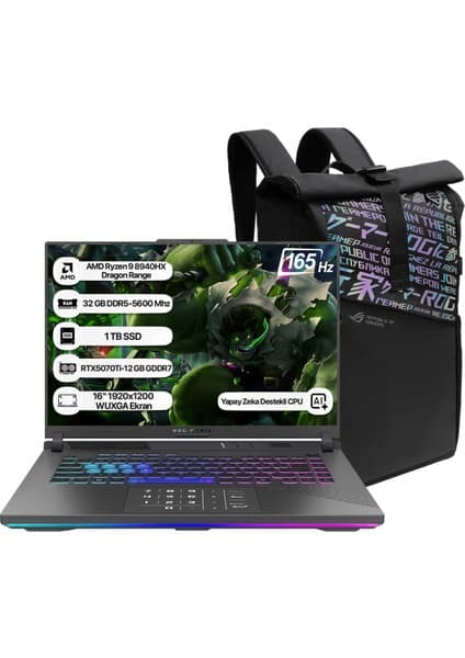 Asus Rog Strix G16 G614PR-RV052 Amd Ryzen 9 8940HX 32GB 1tb SSD RTX5070TI-12GB Freedos 16\