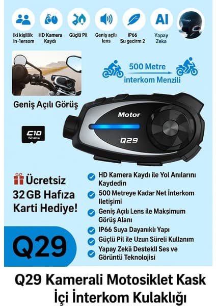 Qasul Q29 Kameralı Motosiklet Interkom Kulaklığı Geniş Açılı Görüş Hd Kayıt ve 32GB Hediye Kart Yol Arkadaşınız