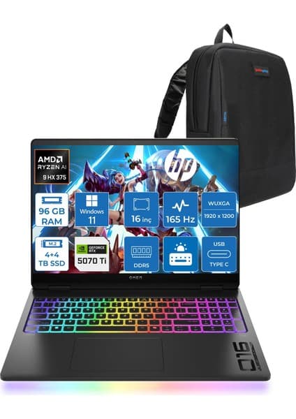 Hp Omen Max 16-AK0005NT Amd Ryzen Aı 9 HX375 96GB 4tb SSD +4tb SSD 12GB/RTX5070Tİ Gddr7 16 Inç 2k 165 Hz, 3 Ms 400 Nit Windows 11 Pro Taşınabilir Bilgisayar ZBQ1Y0EAP48+ZETTAÇANTA