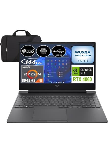 Hp Victus 15-FB3000NT Amd Ryzen 9 8945HS 64 GB Ram 1 Tb SSD RTX4060 144Hz 15.6” Windows 11 B82W7EA-EP7 + Elektropasaj Çanta