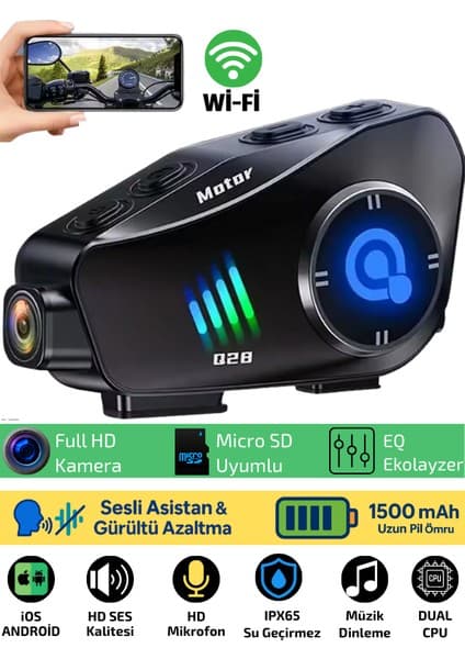 Sonreir Q28 Wifi Kameralı Motosiklet Kask Kulaklık Interkom Bluetooth Sd Kart Destekli Su Geçirmez Intercom