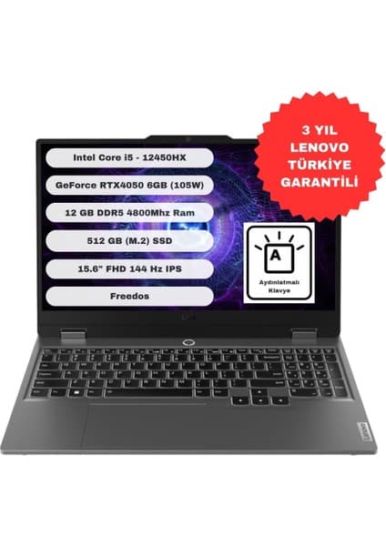 Lenovo LOQ Intel Core I5 12450HX 12GB 512GB SSD RTX4050 Freedos 15.6'' Fhd Taşınabilir Bilgisayar 83GS00Q7TR