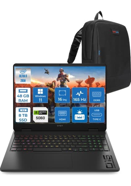 Hp Omen Slim 16-AM0000NT Intel Core Ultra 9 285H 48GB Ddr5 8tb SSD RTX5060 8gb Gddr7 16 Inç Wuxga (1920X1200) 165Hz 400NITS 3ms IPS Windows 11 Pro Taşınabilir Bilgisayar BQ3Z2EAP30 + Zetta Çanta