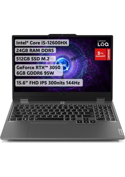 Lenovo LOQ Intel Core i5 12600HX 24GB 512GB SSD RTX3050 Freedos 15.6\