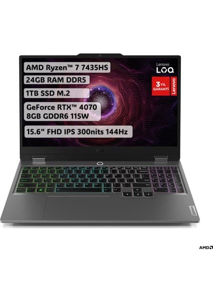Lenovo LOQ AMD Ryzen 7 7435HS 24GB 1TB SSD RTX4070 Freedos 15.6\