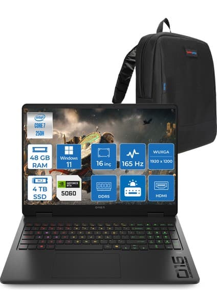 Hp Omen Gaming Laptop Intel Core 7 250H Aı 48GB Ddr5 4tb SSD 8GB/RTX5060 Gddr7 16\