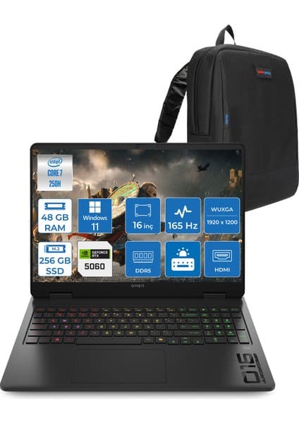 Hp Omen Gaming Laptop Intel Core 7 250H Aı 48GB Ddr5 256GB SSD 8GB/RTX5060 Gddr7 16\