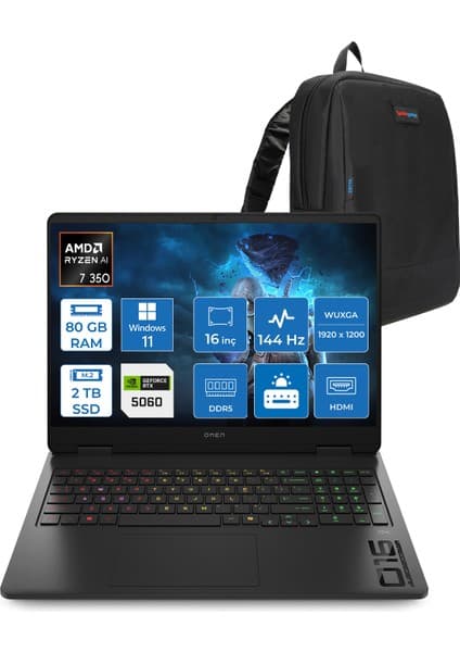 Hp Omen Gaming Laptop Amd Ryzen™ Aı 7 350 80GB Ddr5 2tb SSD 8GB/RTX5060 Gddr7 16\