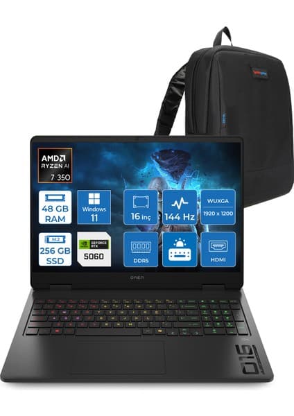 Hp Omen Gaming Laptop Amd Ryzen™ Aı 7 350 48GB Ddr5 256GB SSD 8GB/RTX5060 Gddr7 16\