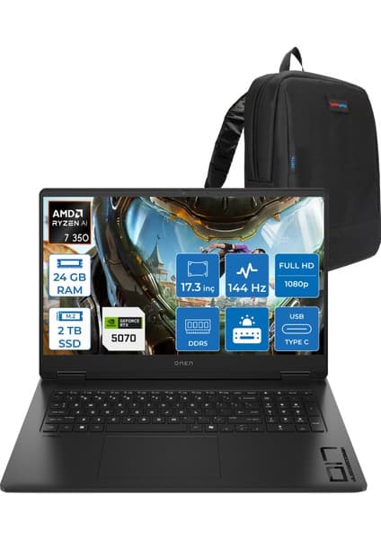 Hp Omen Amd Ryzen™ Aı 7 350 24GB Ddr5 2tb SSD 8GB/RTX5070 Gddr7 17.3 Fhd 144Hz 300NITS IPS 7ms Freedos Taşınabilir Bilgisayar.BQ1Q1EAF04+ZETTAÇANTA
