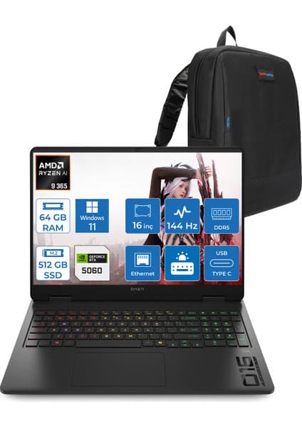Hp Omen 16-AP0020NT Amd Ryzen Aı 9 365 64GB Ddr5 512GB SSD RTX5060 8gb Gddr7 16 Inç Wuxga (1920 x 1200) 144Hz 300NITS IPS Windows 11 Pro Taşınabilir Bilgisayar C12CPEAP31 + Zetta Çanta