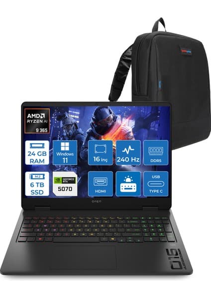 Hp Omen 16-AP0012NT Amd Ryzen Aı 9 365 24GB Ddr5 6tb SSD RTX5070 8gb Gddr7 16 Inç Wqxga (2560 x 1600) 240Hz 500NITS 3ms IPS Windows 11 Home Taşınabilir Bilgisayar C12CGEAH11 + Zetta Çanta