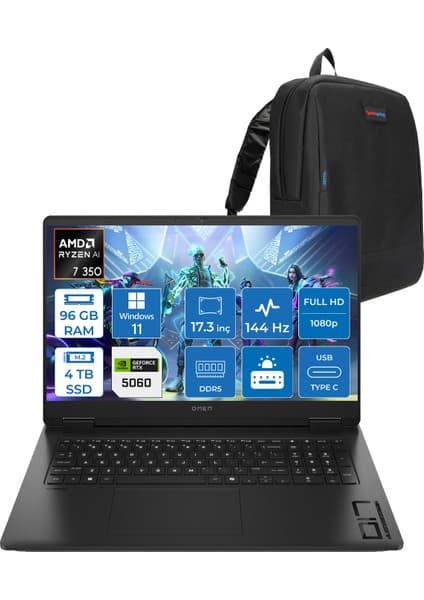 Hp Omen 17-DB1015NT Amd Ryzen Aı 7 350 96GB Ddr5 4tb SSD RTX5060 8gb Gddr7 17.3 Inç Fullhd (1920 x 1080) 144Hz 7ms 300NITS IPS Windows 11 Home Taşınabilir Bilgisayar C2EZ5EAH46 + Zetta Çanta