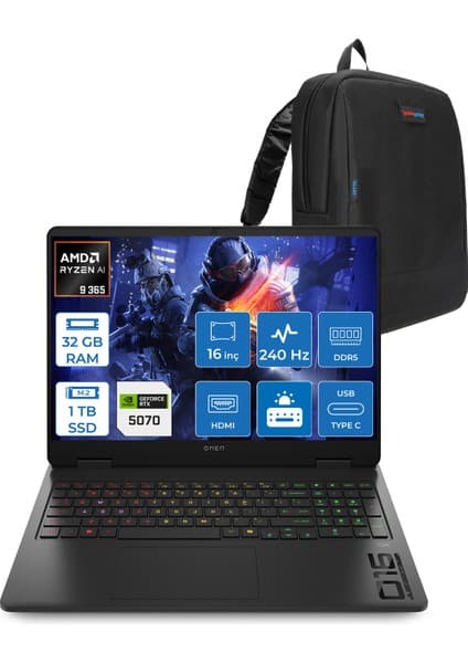 Hp Omen 16-AP0012NT Amd Ryzen Aı 9 365 32GB Ddr5 1tb SSD RTX5070 8gb Gddr7 16 Inç Wqxga (2560 x 1600) 240Hz 500NITS 3ms IPS Freedos Taşınabilir Bilgisayar C12CGEAF14 + Zetta Çanta