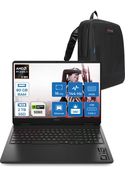 Hp Omen 16-AP0020NT Amd Ryzen Aı 9 365 80GB Ddr5 2tb SSD RTX5060 8gb Gddr7 16 Inç Wuxga (1920 x 1200) 144Hz 300NITS IPS Freedos Taşınabilir Bilgisayar C12CPEAF39 + Zetta Çanta