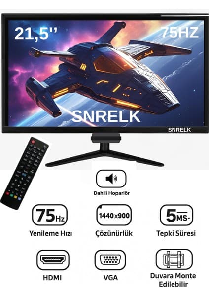 Snrelk 21,5" Sesli Dahili Hoparlör 12V (Kumandalı) Geniş Ekran 75 Hz 5ms (Vga,hdmı) LED Monitör