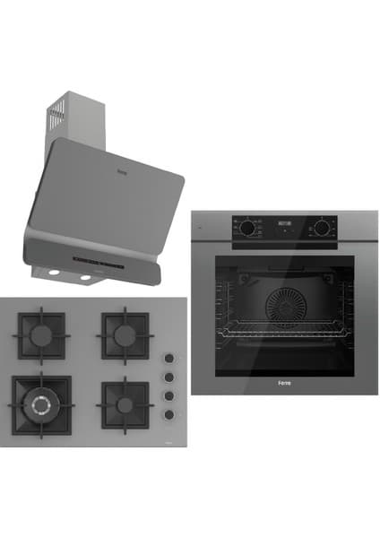 Ferre Grey FryArt 3 Lü Ankastre Set ( QEP63CPR - SC408-WFA - D082-SA ) A++ Sessiz Davlumbaz - 65 cm Wok Bek Ocak