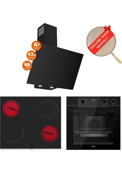 Ferre Fryart&buharlı Liventa Sessiz Davlumbaz Elektrikli Siyah Ank. Set (D077-SA + MS263 + QEP64CS)