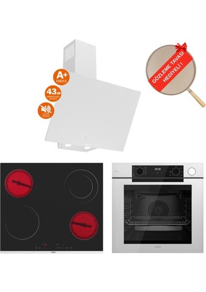 Ferre Fryart&buharlı Liventa Sessiz Davlumbaz Elektrikli Beyaz Ank. Set (D078-SA + MS263 + QEP64CB)