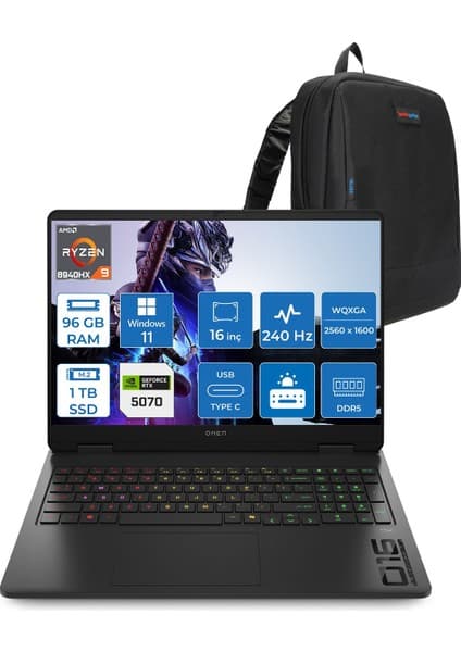 Hp Omen 16-AP0014NT Amd Ryzen 9 8940HX 96GB Ddr5 1tb SSD RTX5070 8gb Gddr7 16 Inç Wqxga (2560 x 1600) 240Hz 500NITS IPS Windows 11 Home Taşınabilir Bilgisayar C12CJEAH44 + Zetta Çanta