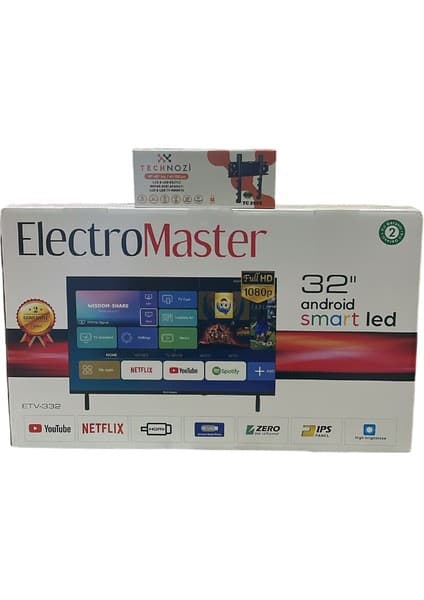 Technozi Uydu Alıcılı Full Hd Smart LED Tv 2+2 HDMI USB ETV-332 32" 81 Ekran + Askı Aparatı