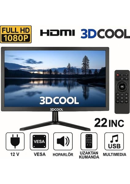 3DCool 3D-22LXAE 22" Full Hd HDMI VGA USB Hoparlörlü Kumandalı 12V LED Monitör