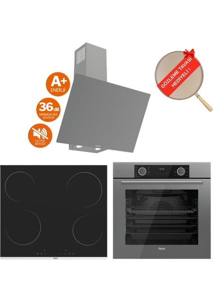 Ferre Fryart Milovia Vitroseramik Elektrikli Gri Ankastre Set ( D079-SA Sessiz + MS261 + XE63CPR)