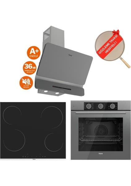 Ferre Fryart&flowart Vitroseramik Elektrikli Gri Ankastre Set ( D082-SA Sessiz + MS261 + QXE62CPR )