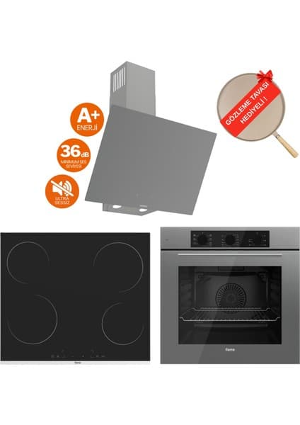 Ferre Flowart Vita Vitroseramik Elektrikli Gri Ankastre Set ( D079-SA Sessiz + MS261 + QBL62CPR)