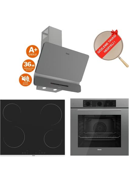 Ferre Flowart Vivo Vitroseramik Elektrikli Gri Ankastre Set ( D082-SA Sessiz + MS261 + QBL62CPR)