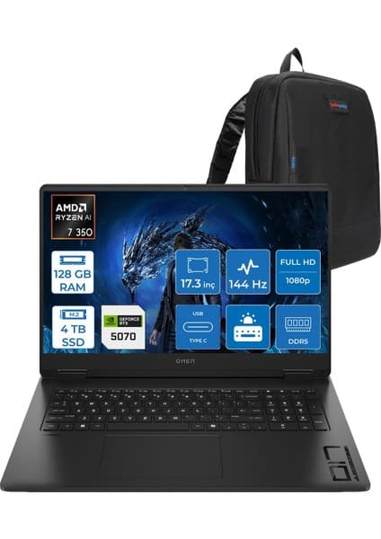 Hp Omen 17-DB1005NT Amd Ryzen Aı 7 350 128GB Ddr5 4tb SSD RTX5070 8gb Gddr7 17.3 Inç Fullhd (1920 x 1080) 144Hz 7ms 300NITS IPS Freedos Taşınabilir Bilgisayar C67G2EAF52 + Zetta Çanta