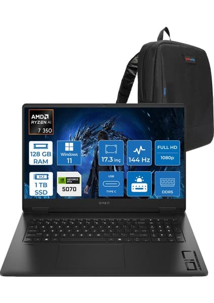Hp Omen 17-DB1005NT Amd Ryzen Aı 7 350 128GB Ddr5 1tb SSD RTX5070 8gb Gddr7 17.3 Inç Fullhd (1920 x 1080) 144Hz 7ms 300NITS IPS Windows 11 Home Taşınabilir Bilgisayar C67G2EAH50 + Zetta Çanta