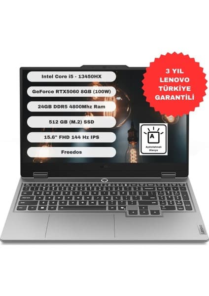 Lenovo Loq 15IRX10 Intel Core I5 13450HX 24GB 512GB SSD RTX5060 Freedos 15.6'' Fhd 83JE00ENTR