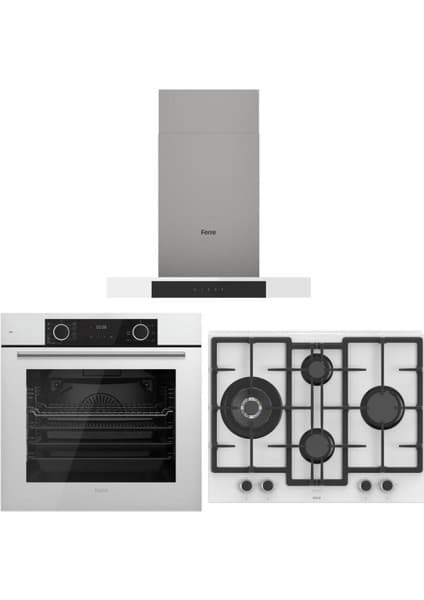 Ferre Beyaz Set ( D101 Beyaz Davlumbaz -ED076-WFA Beyaz Ocak- XE63CB Fryart Beyaz Fırın )