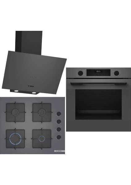 Bosch Gri 3 lü Ankastre Set 337 ( HUA717BN0T - POP6C9P30O - DWK64PJ70T ) - Buhar Destekli - Fırın Matı ile 7