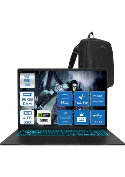 Asus Vivobook 16 V3607VM Intel Core 5 210H 96GB Ddr5 4tb SSD RTX5060 Gddr7 8gb Freedos 16\