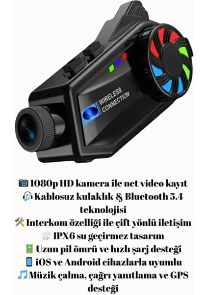 BGG Tech 1080P Kameralı Bt68 Interkom Motorcu Kulaklığı Bluetooth 5.4 Su Geçirmez Video Kayıt Özellikli