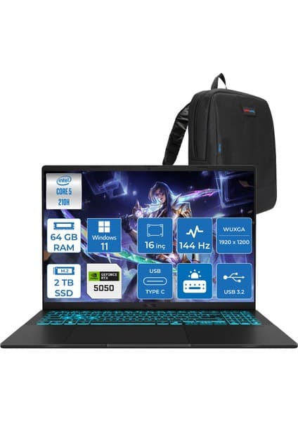 Asus Vivobook 16 V3607VH Intel Core 5 210H 64GB Ddr5 2tb SSD RTX5050 Gddr7 8gb Windows 11 Home 16\