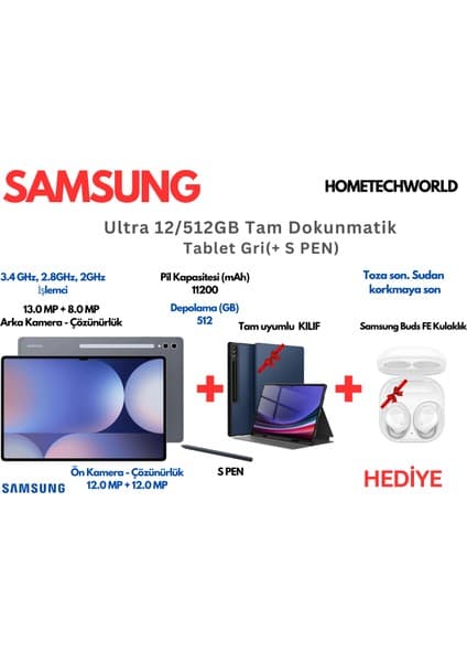 Samsung Galaxy Ultra 12/512GB Tam Dokunmatik Tablet Gri +SPEN+TAM UYUMLU KILIF+Galaxy Buds FE