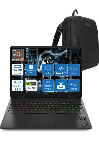 Hp Omen 16-AP0019NT Amd Ryzen™ 9 8940HX Aı 24GB Ddr5 512GB SSD 8GB/RTX5070 Gddr7 16 Inç 144 Hz, IPS 300 Nit 1920 x 1200 Wuxga WIN11HOME Gaming BILG.C12CNEAH02+ZETTAÇANTA
