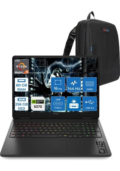 Hp Omen 16-AP0019NT Amd Ryzen™ 9 8940HX Aı 80GB Ddr5 256GB SSD 8GB/RTX5070 Gddr7 16 Inç 144 Hz, IPS 300 Nit 1920 x 1200 Wuxga Freedos Gaming BILG.C12CNEAF21+ZETTAÇANTA