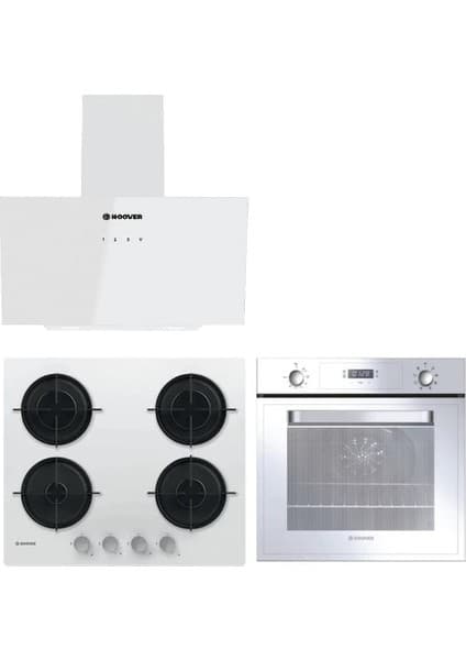 Hoover HOT3051WI/E Beyaz Cam Ankastre Fırın, HVW6MW Setüstü Ocak ve HDG6C1GWTK/1 Davlumbaz Seti